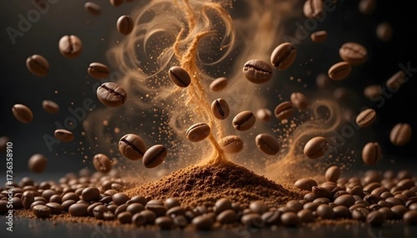 Fototapeta Coffee beans and grounds in artistic motion, with a central cascade and smoky effect