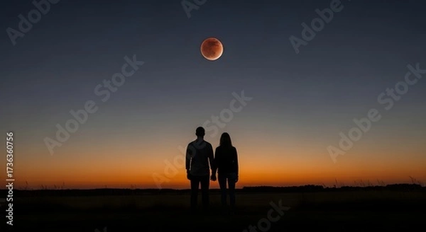 Obraz Silhouette of a couple holding hands watching a lunar eclipse during a vibrant sunset sky view