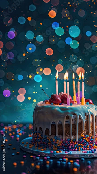 Fototapeta A close-up of birthday cake and candles illuminates party vibes and sparkling atmosphere. Generative AI
