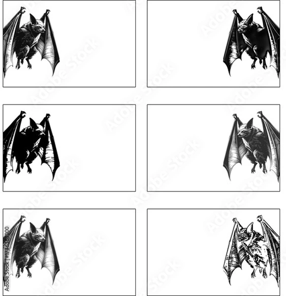 Fototapeta Set of bat illustrations in gothic black and white style with multiple variations. Perfect for use in tattoo design, gothic artwork, Halloween decorations, rock and metal band posters