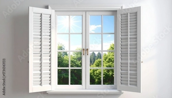 Fototapeta Bright sunlight streams through an open window showcasing a vibrant green treescape beneath a clear blue sky, framed by crisp white shutters and a classic window design, capturing the essence of a...