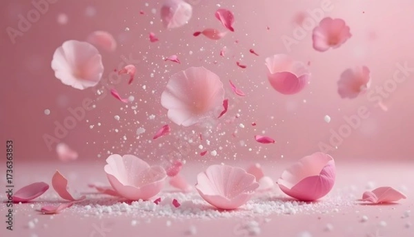 Fototapeta Soft, pink petals and powder float against a matching backdrop, creating a delicate composition