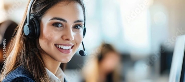 Fototapeta Smiling woman with headset in professional call center environment, perfect for IT support, customer service visuals, and modern business communication use
