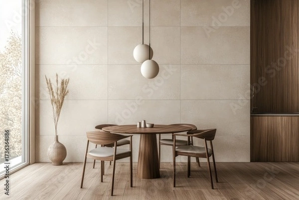 Fototapeta Minimalist dining room with round wooden table, modern chairs, pendant lights, and neutral decor, ideal for interior design presentations and stylish lifestyle marketing