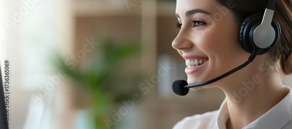 Fototapeta Smiling woman wearing headset working in a modern office call center, ideal for customer support visuals, IT service presentations, and digital business marketing