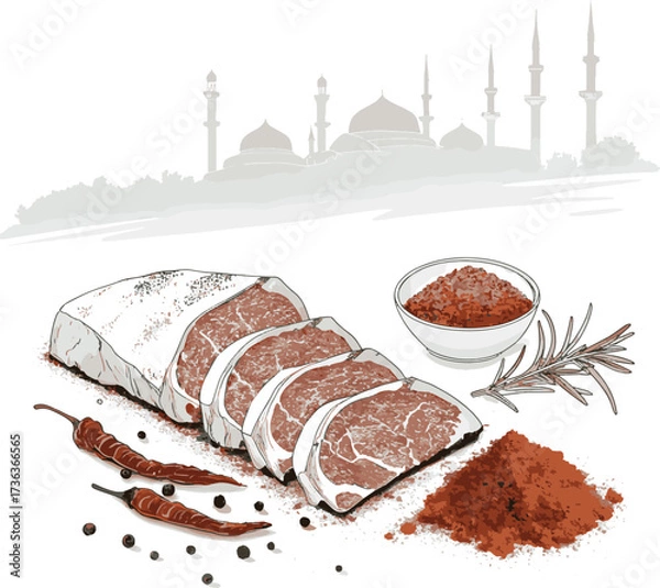 Fototapeta Eidul Adha Beef item, turkish baklava on a white background, Mosque Vector