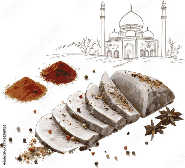 Fototapeta Eidul Adha Beef item, turkish baklava on a white background, Mosque Vector