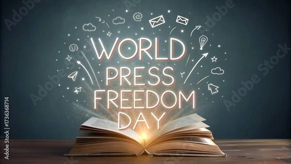 Fototapeta World press freedom day celebration with open book and glowing symbols