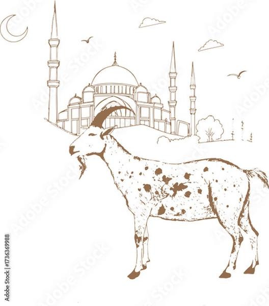 Fototapeta goat and mosque eidul adha design, edul adha vector, regional vector