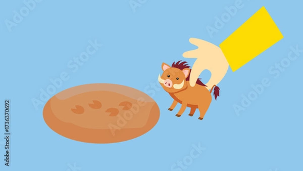 Fototapeta Wild boar and traces on the workpiece. Vector illustration in the style of a flat cartoon.