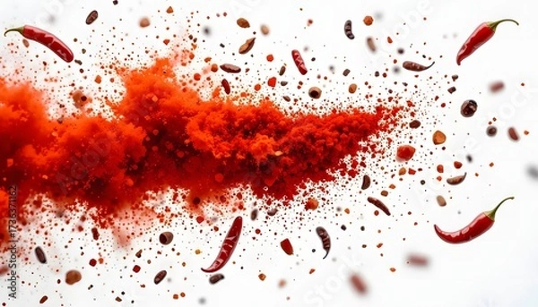 Fototapeta A dynamic shot of red chili powder erupting with chilis and seeds scattered in mid-air against white
