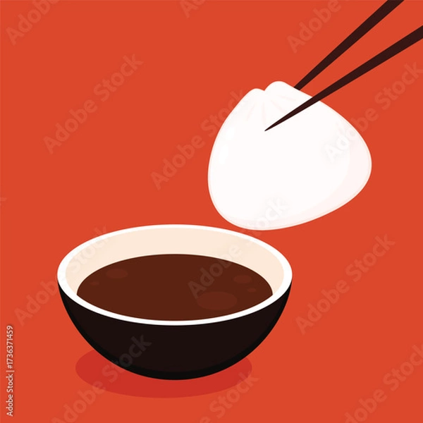 Obraz Dim sum food sets. Steamed dumplings banner template isolated on red. Asian traditional cuisine. Vector illustration in cartoon flat style. Chinese food.