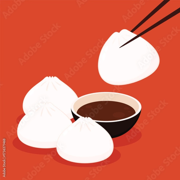 Obraz Dim sum food sets. Steamed dumplings banner template isolated on red. Asian traditional cuisine. Vector illustration in cartoon flat style. Chinese food.