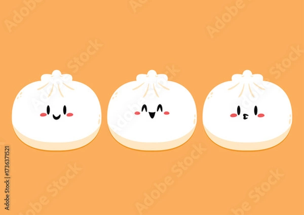 Obraz Cute Dim sum character, traditional Chinese dumplings, with funny smiling faces. Kawaii Asian food vector.