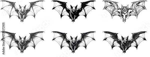 Fototapeta Set of bat illustrations in gothic black and white style with multiple variations. Perfect for use in tattoo design, gothic artwork, Halloween decorations, rock and metal band posters