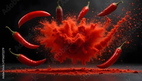 Fototapeta Chili peppers surrounding a burst of red powder, creating a dynamic explosion effect