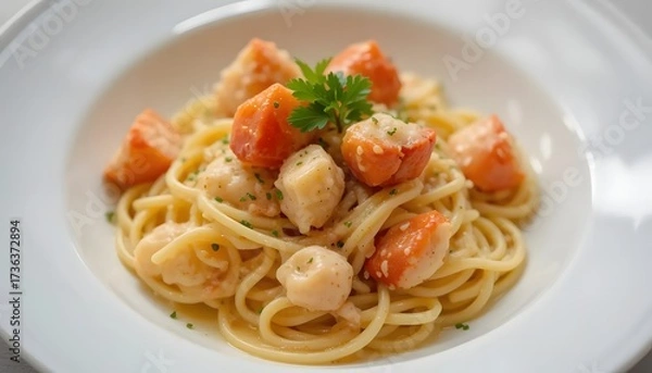 Fototapeta Creamy seafood pasta, bright red chunks and white scallops over spaghetti, garnished with parsley