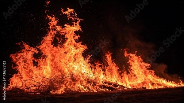 Fototapeta Fire and flames for background. Bright flames background. Texture of fire on a black background. Burning red fire. Large fire in the night