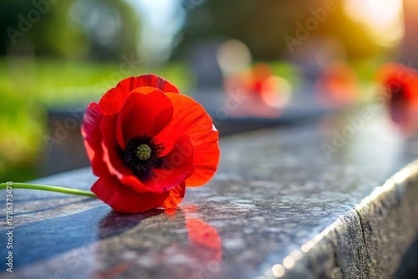 Fototapeta Remembrance Day Poppies on a Granite Memorial in the Sunlight
