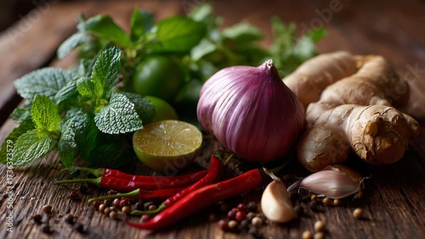 Fototapeta Rustic Culinary Still Life of Vibrant Asian Spices and Herbs on a Dark Wood Table