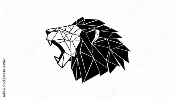 Obraz Bold, black and white, low-poly geometric logo design featuring a roaring lion head with sharp, angular facets.