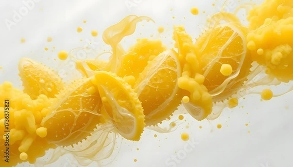 Fototapeta Sliced citrus fruits amidst a cloud of vibrant, flowing, yellow liquid against white