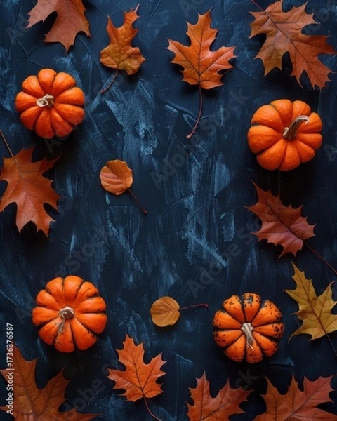 Fototapeta Minimal Halloween Background with Pumpkins and Autumn Leaves on Dark Texture