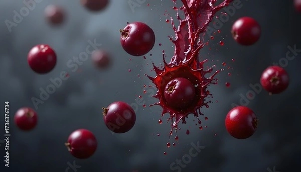 Fototapeta Floating, scattered crimson orbs; one pierced, bursting with vibrant fluid against a dark sky