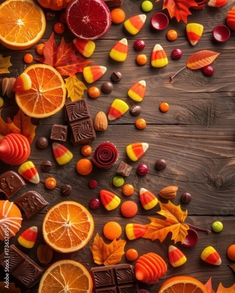 Fototapeta Halloween Candy Flat Lay with Colorful Sweets and Autumn Leaves - Festive Stock Photo