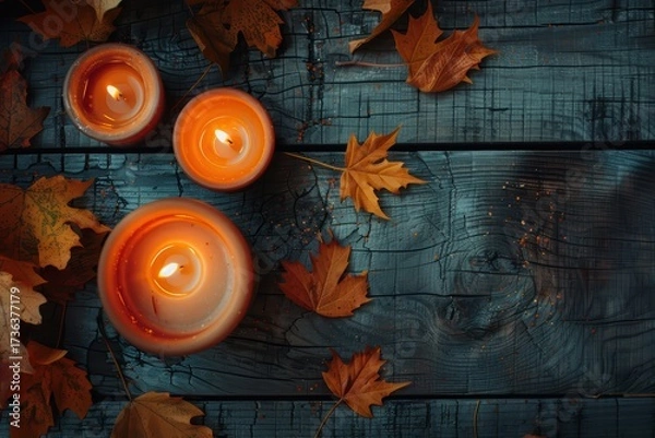 Fototapeta Halloween Background with Burning Candles and Autumn Leaves on Wooden Table