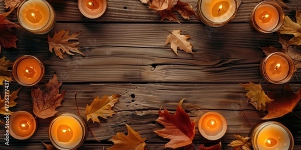 Fototapeta Halloween Background with Burning Candles and Autumn Leaves on Wooden Table