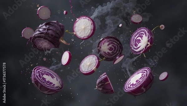 Fototapeta Sliced, levitating, vibrant red cabbage pieces with ethereal smoke against a dark backdrop