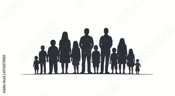 Fototapeta Diverse group of black silhouettes: men, women, and children of various ages, representing community, population, and unity.