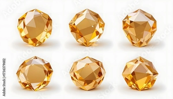 Fototapeta Six faceted gems of varying shapes in warm, amber tones, arranged on white