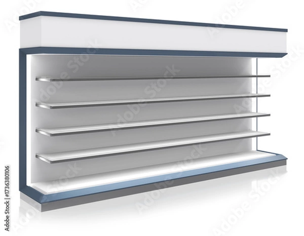 Fototapeta Retail gondola display rack with light blue edges and topper. 3d illustration transparent background