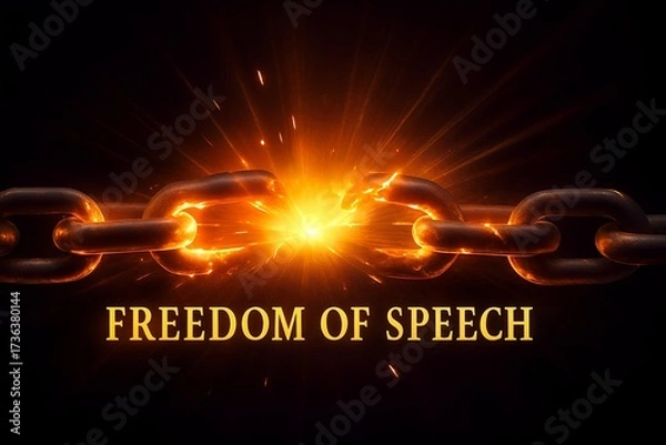 Fototapeta Broken chain with freedom of speech text on dark background concept