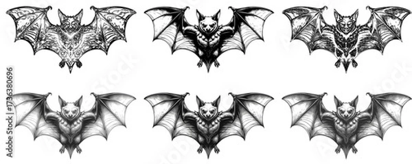 Fototapeta Set of bat illustrations in gothic black and white style with multiple variations. Perfect for use in tattoo design, gothic artwork, Halloween decorations, rock and metal band posters