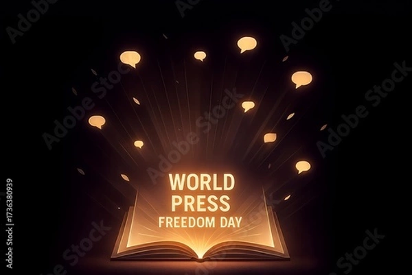 Fototapeta Illuminated book with world press freedom day text and speech bubbles