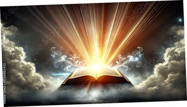 Fototapeta An open book with bright light and clouds in the background