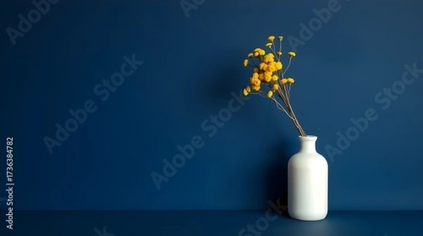 Fototapeta Simple vase with yellow flowers against a deep blue backdrop