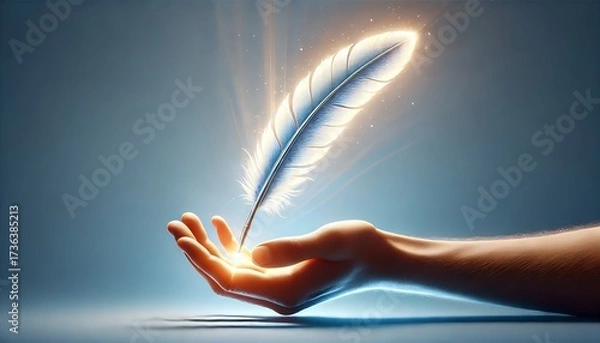 Fototapeta Hand holding a glowing feather, symbolizing creativity, inspiration, and writing