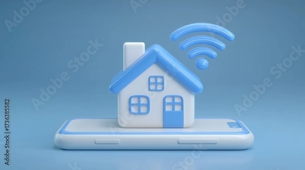 Fototapeta Stylized blue smart home on mobile phone with wifi symbol image render 3d. Connected house, smartphone remote access background realistic graphic. Conceptual idea, visual storytelling