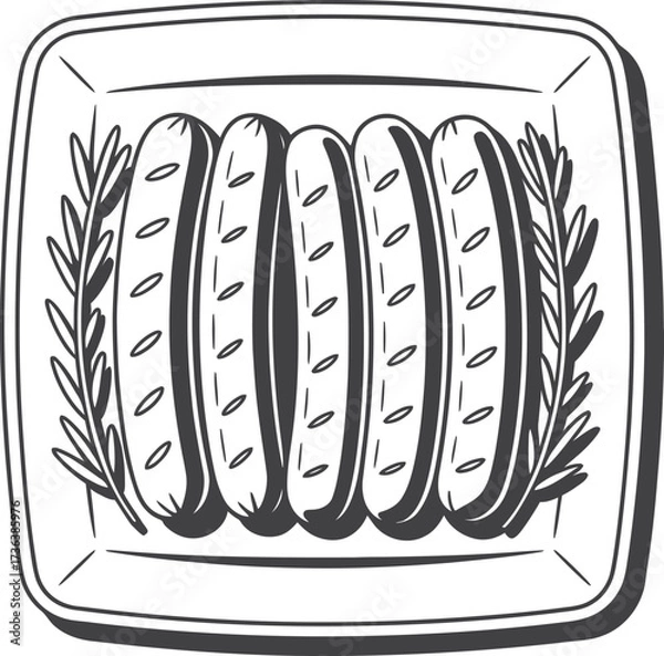 Obraz Hand drawn illustration of five sausages in a tray with garnish