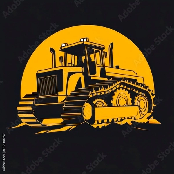 Obraz Heavy machinery operating at dusk under a large moon in a construction site