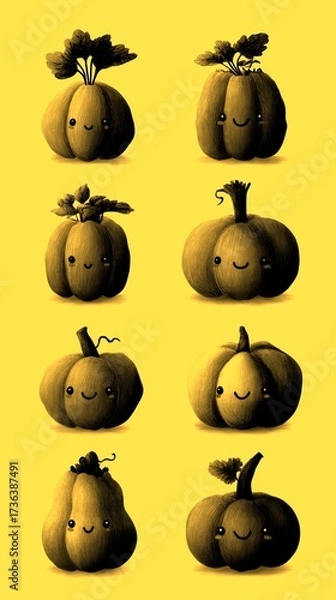 Obraz Various cheerful pumpkins in different shapes and sizes with smiling faces set against a simple background in autumn season