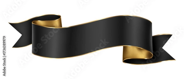Fototapeta Elegant black ribbon banner with golden accents and flowing design, isolated on transparent background
