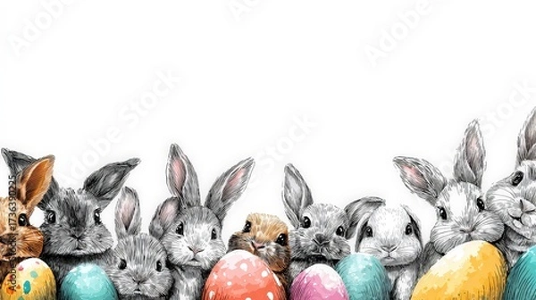 Fototapeta Easter Bunnies and Eggs Illustration with White Space Template