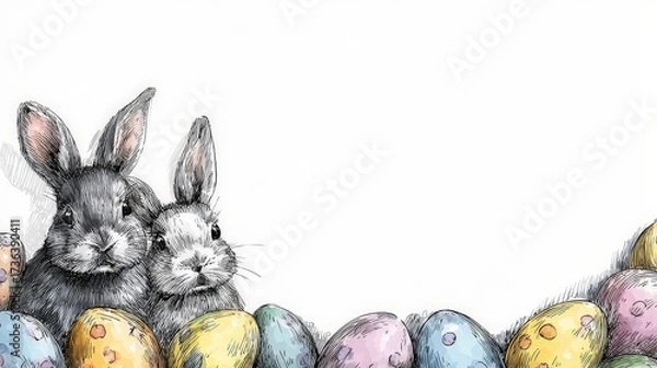 Fototapeta Editable Easter Bunnies Spring Illustration Template on White Background