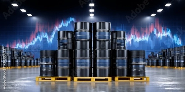 Fototapeta Stacked Black Oil Drums on Yellow Pallets in Industrial Warehouse with Modern Digital Graph Background
