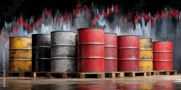 Fototapeta Stacked Colorful Oil Drums on Wooden Pallets with Market Trend Chart Background